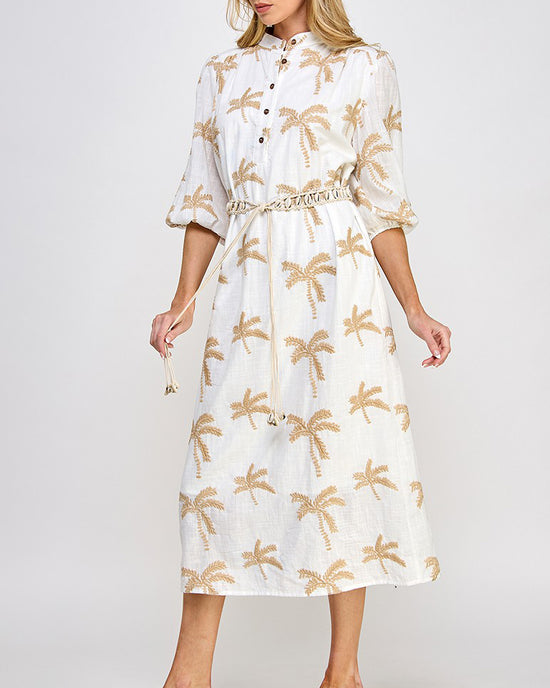 Palms Embroidered Belted Linen Midi Dress