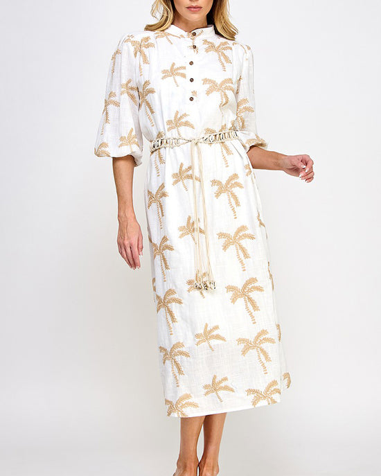 Palms Embroidered Belted Linen Midi Dress