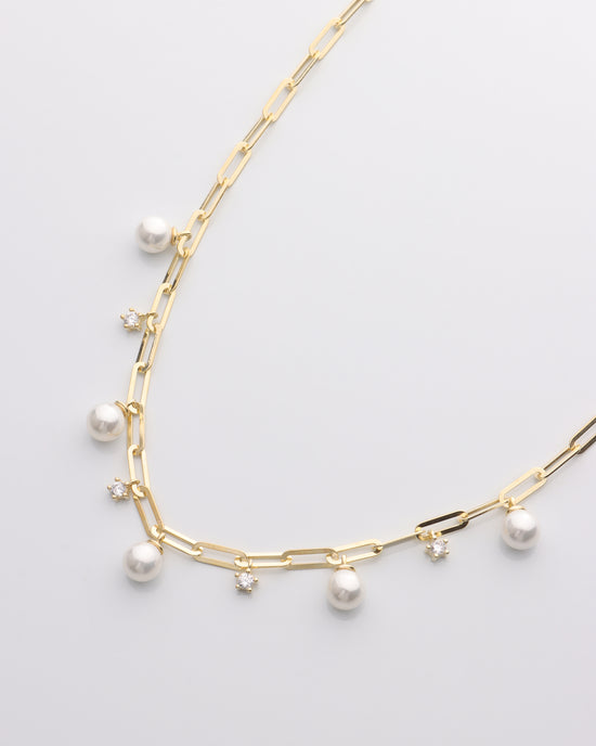 Pearl & CZ Charm Paperclip Necklace