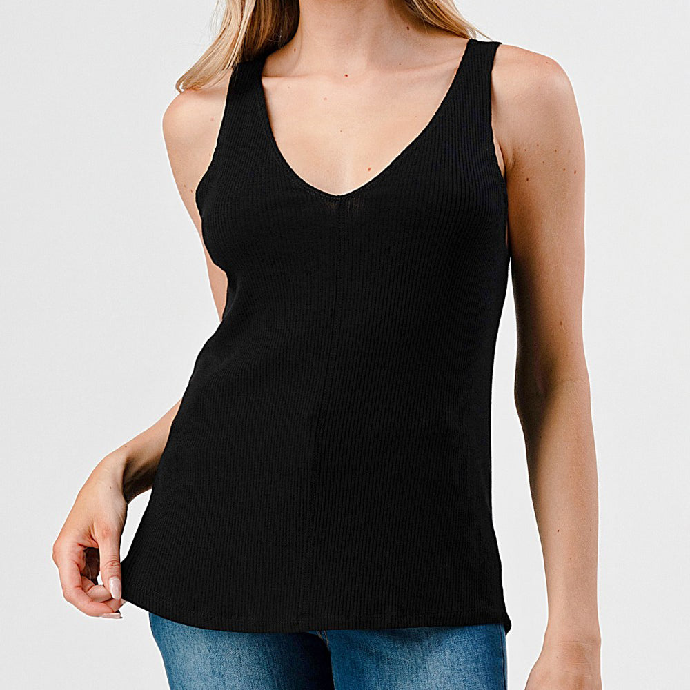 Sleeveless Ribbed Knit V Neck Tank