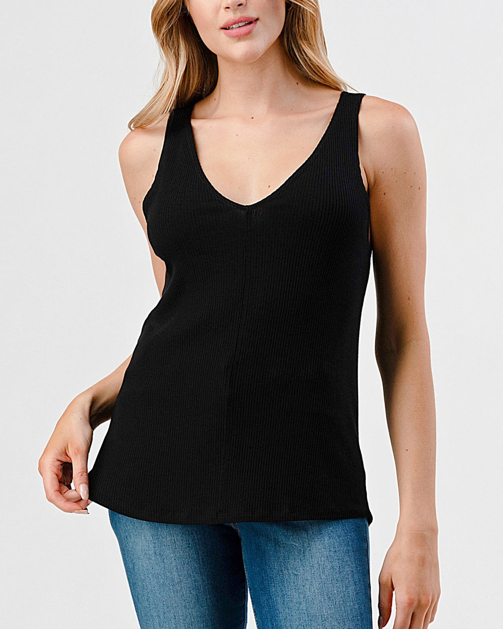 Sleeveless Ribbed Knit V Neck Tank