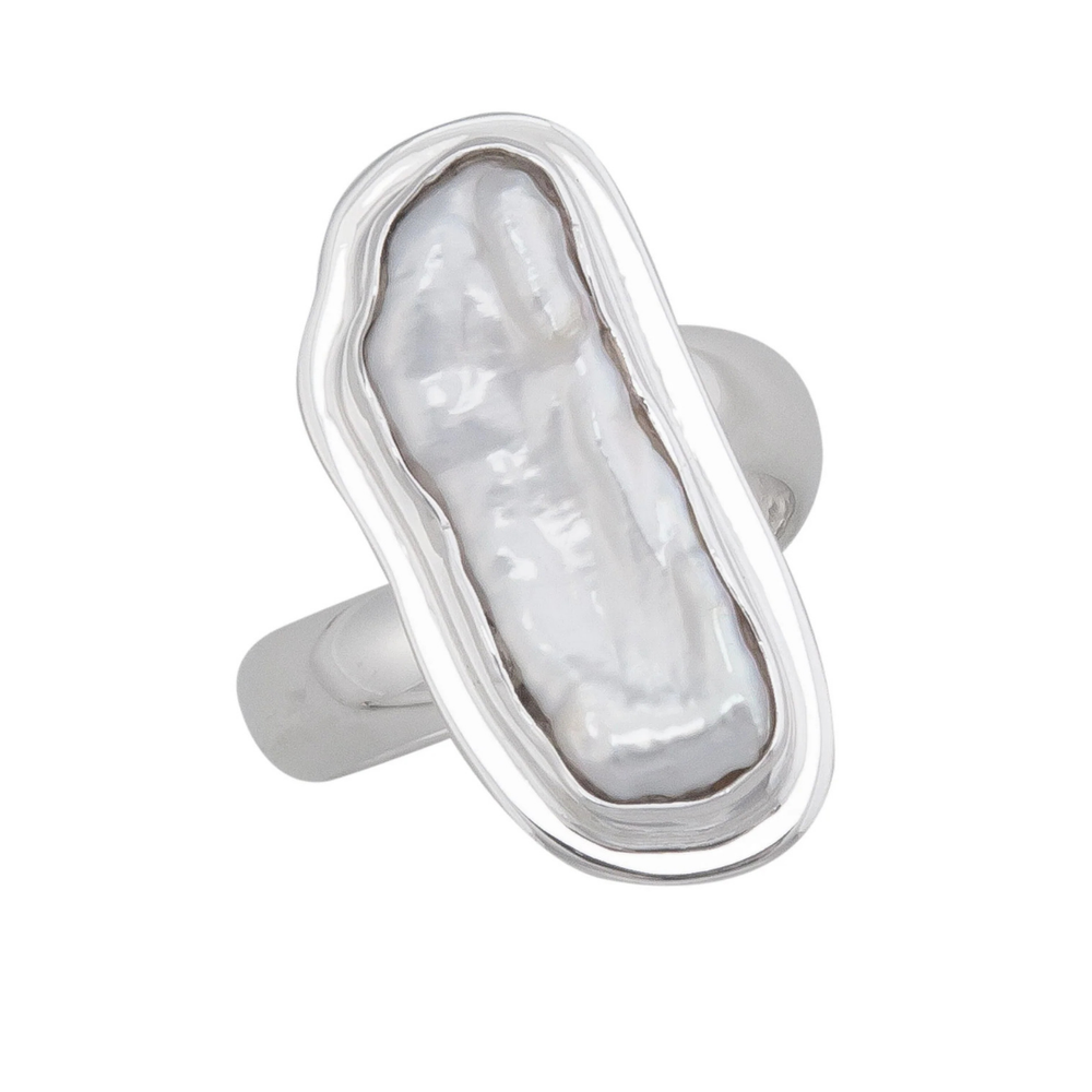 Alchemia Sterling Silver Detailed Edge Biwa Pearl Ring