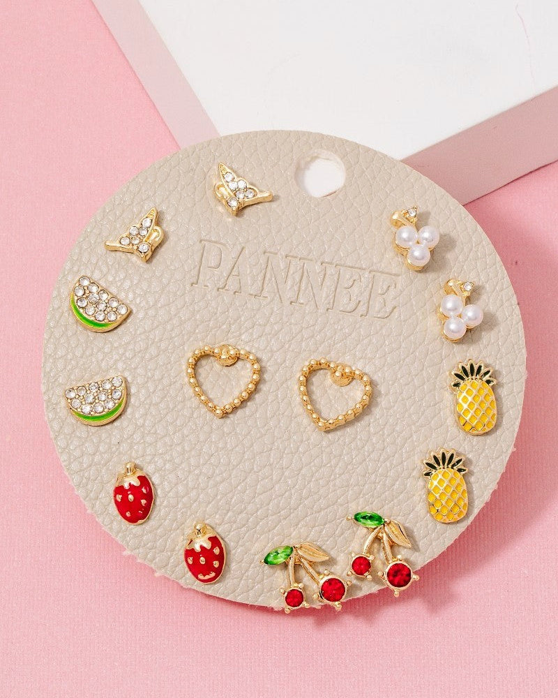Mixed Fruits Hearts Pearl And Pave Stud Earrings Set
