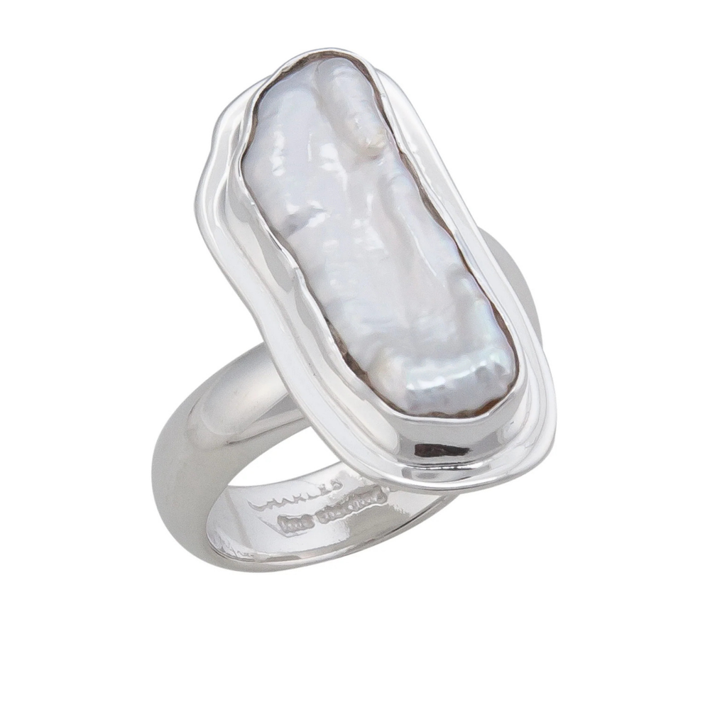 Alchemia Sterling Silver Detailed Edge Biwa Pearl Ring