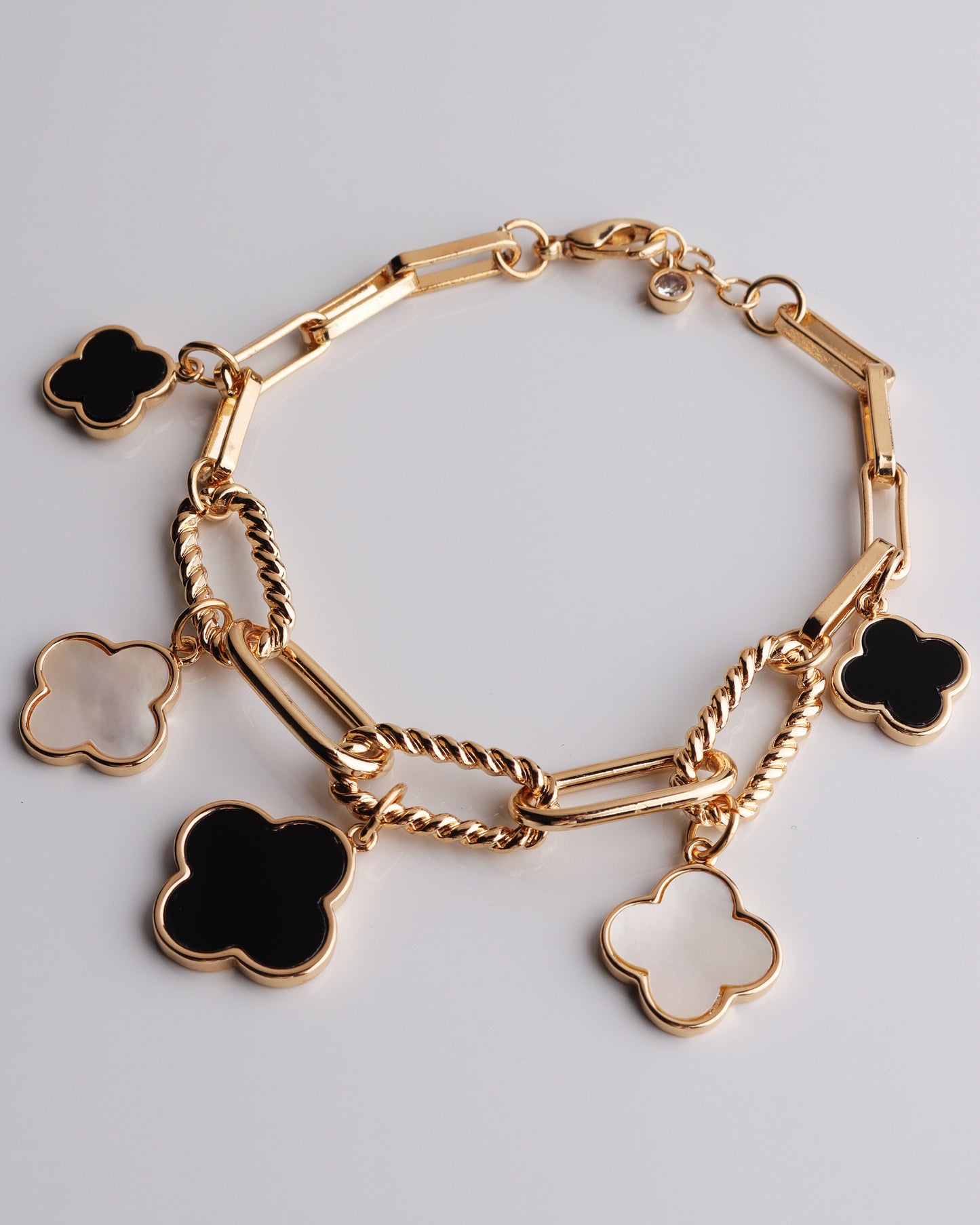 Onyx & Mother of Pearl Clover Charm Bracelet