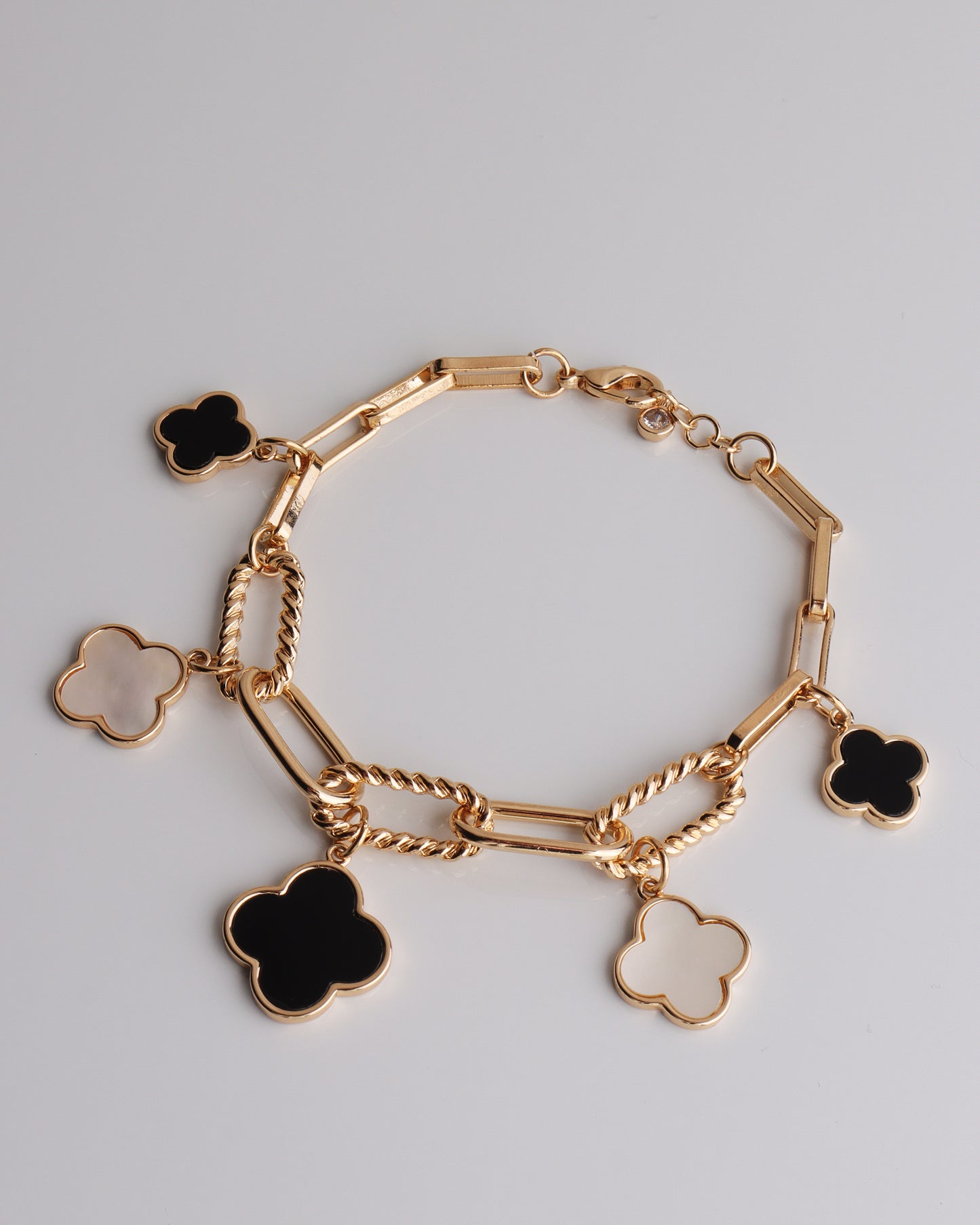 Onyx & Mother of Pearl Clover Charm Bracelet