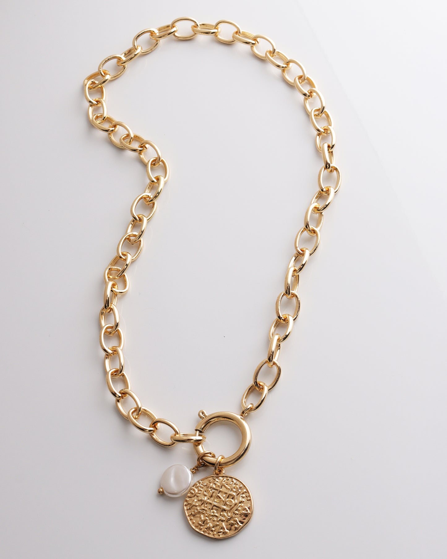 Coin & Pearl Oval Link Necklace