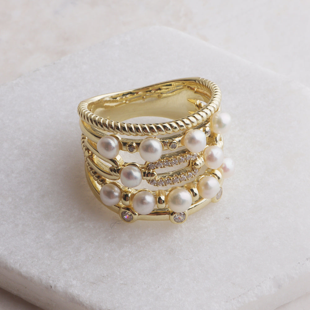 Pearl, Chain, CZ Band Cluster Ring