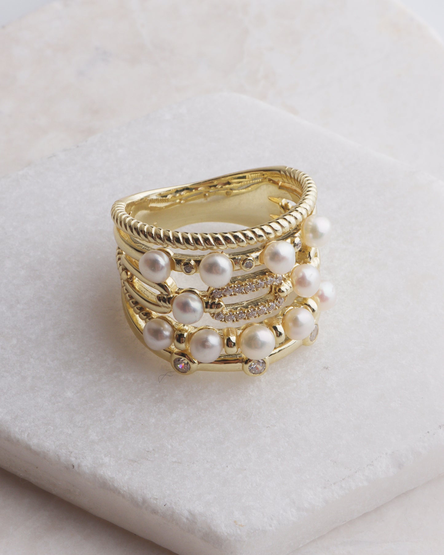 Pearl, Chain, CZ Band Cluster Ring