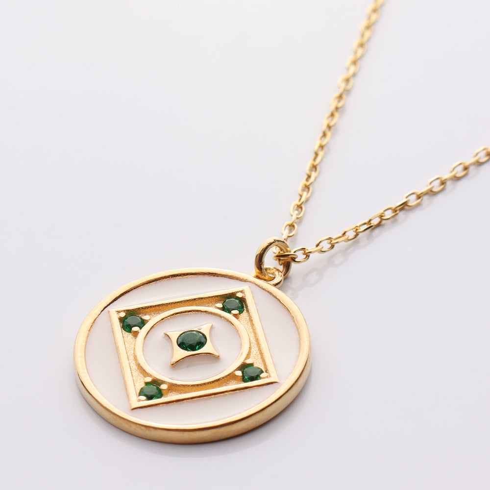 White Enamel w/ Emerald CZ Disc Necklace