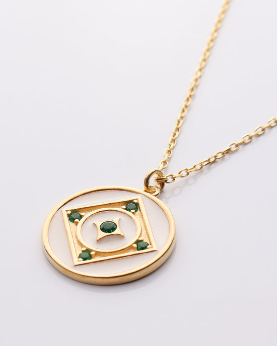 White Enamel w/ Emerald CZ Disc Necklace