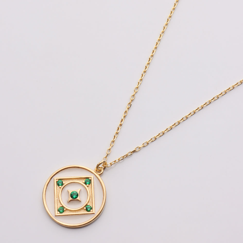 White Enamel w/ Emerald CZ Disc Necklace