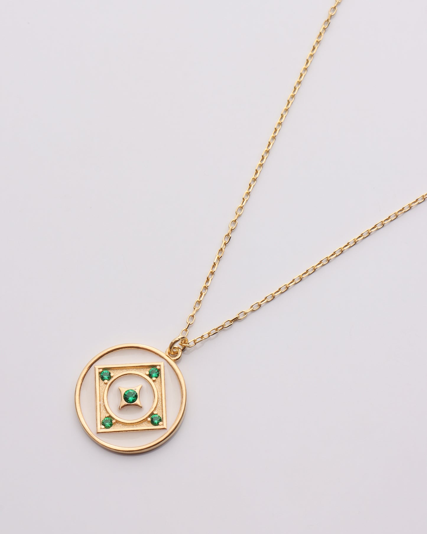 White Enamel w/ Emerald CZ Disc Necklace