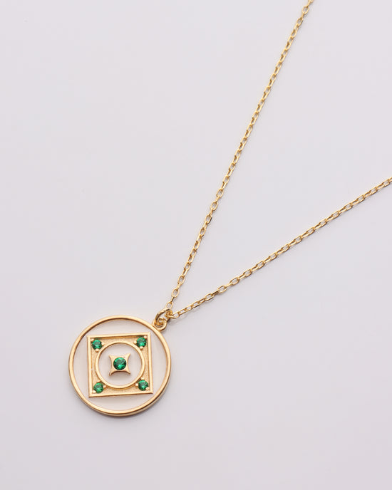 White Enamel w/ Emerald CZ Disc Necklace