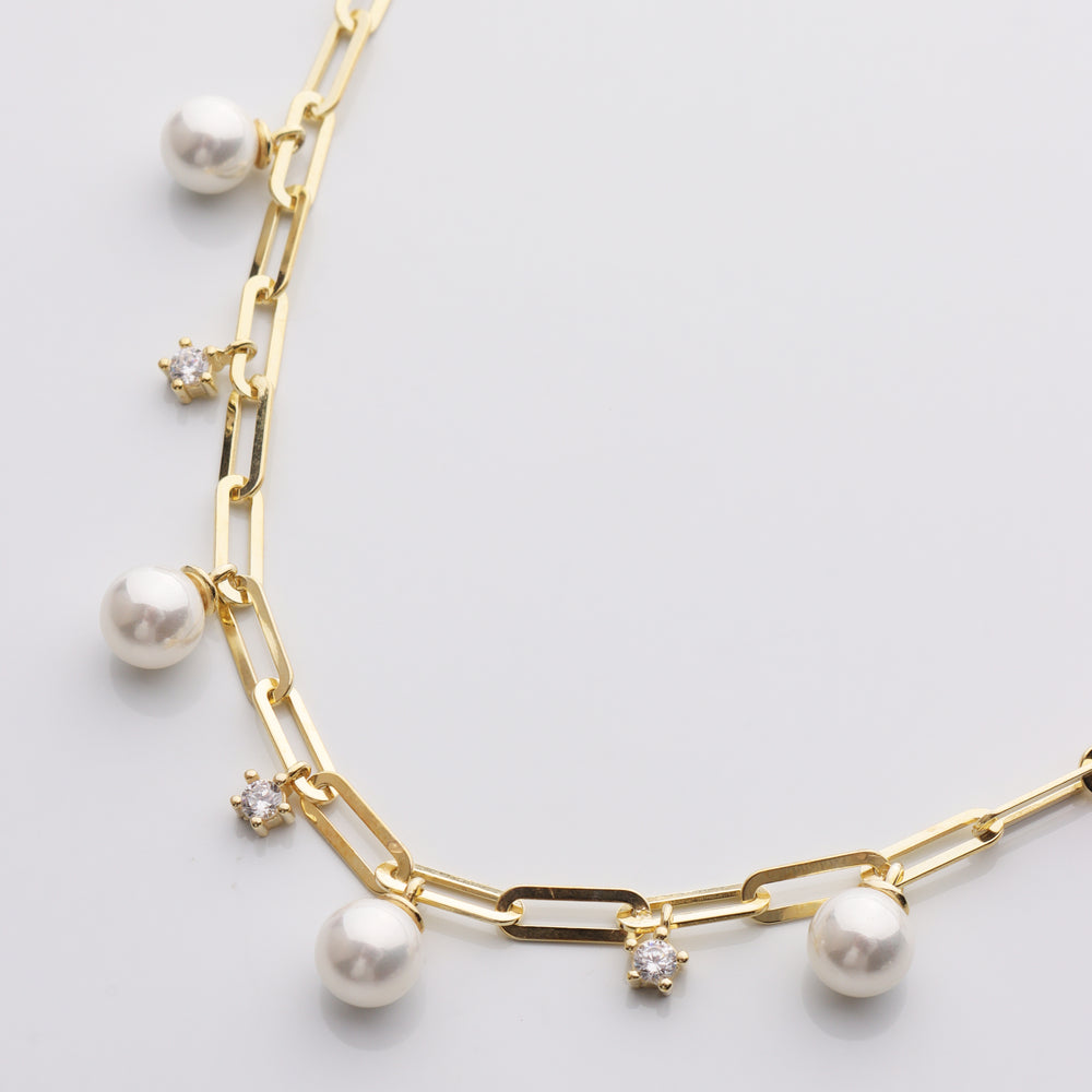 Pearl & CZ Charm Paperclip Necklace