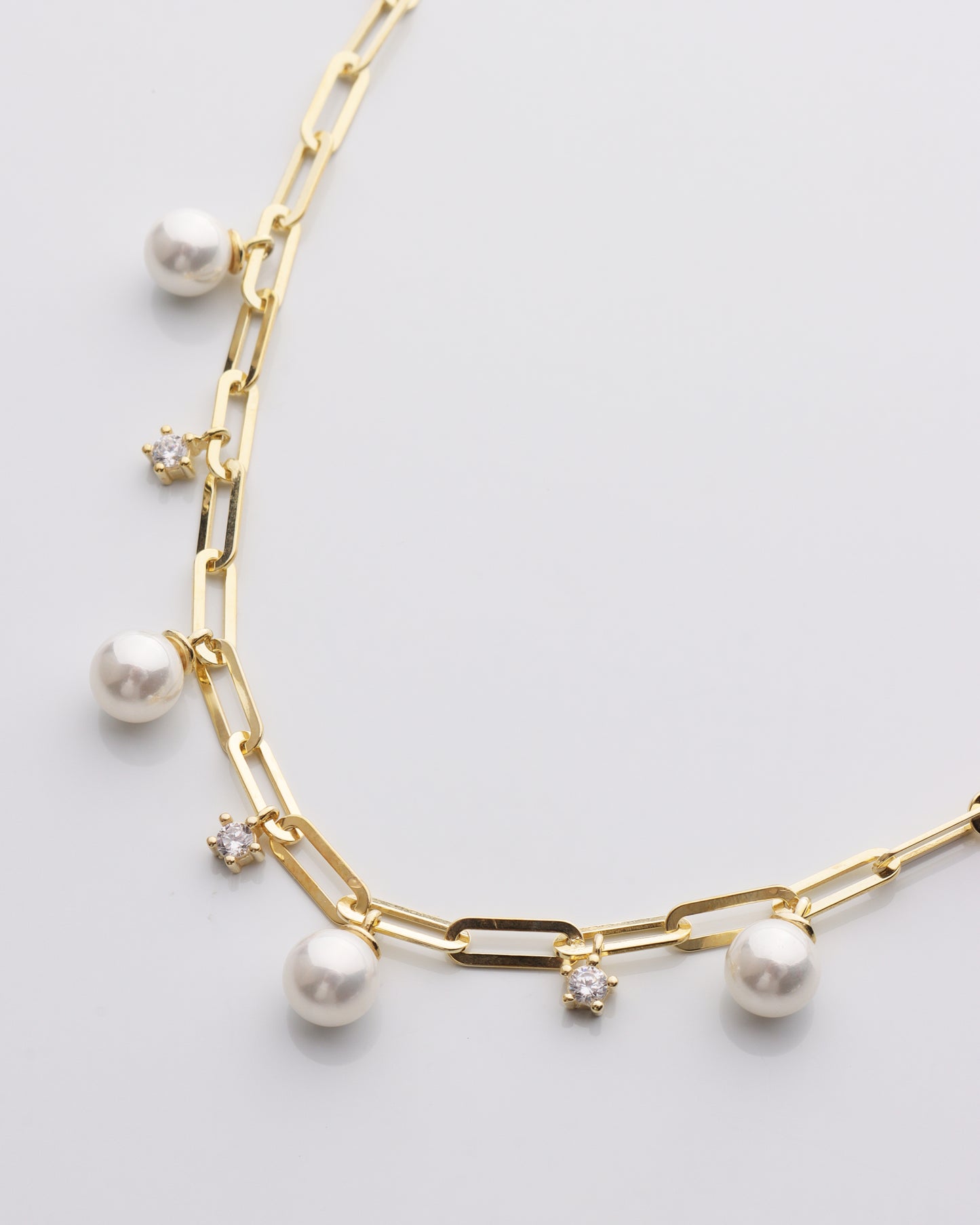 Pearl & CZ Charm Paperclip Necklace