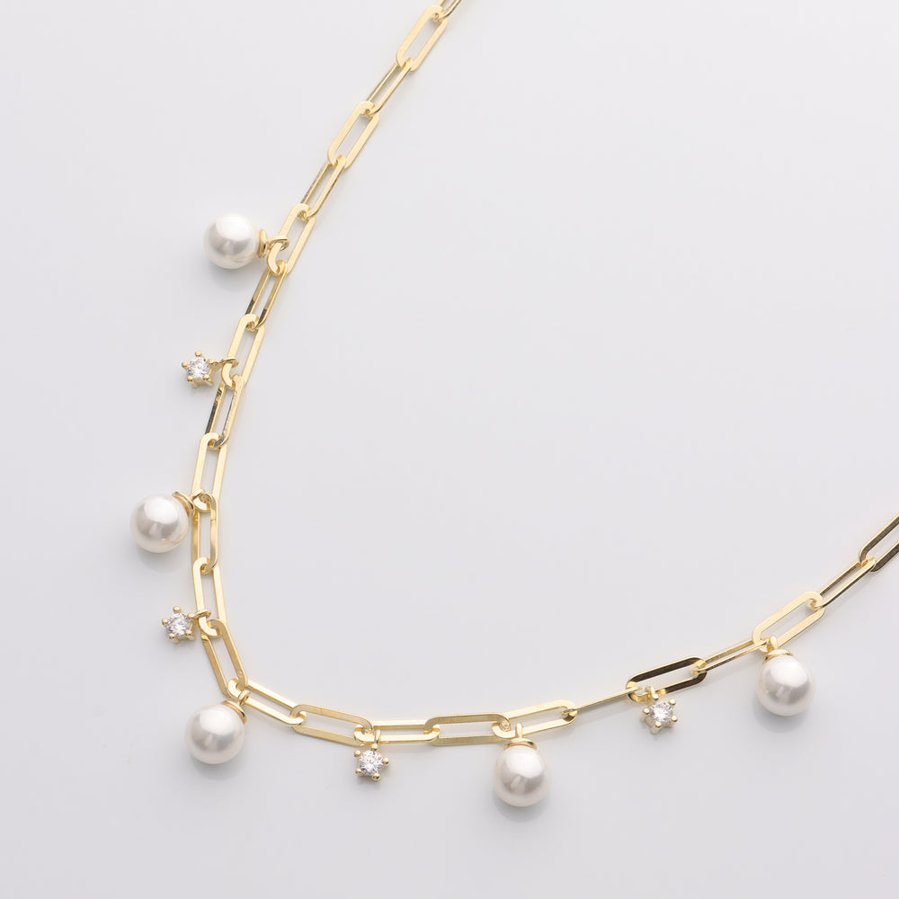 Pearl & CZ Charm Paperclip Necklace