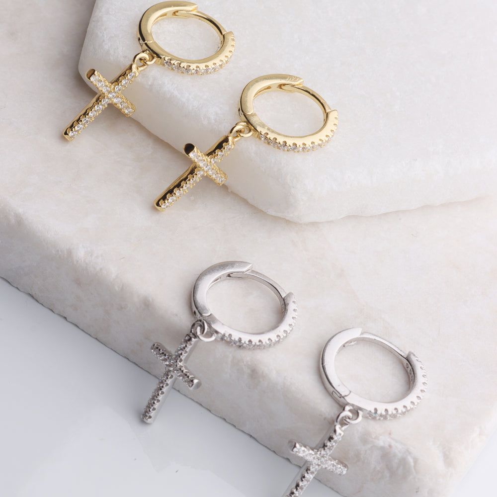 Tiny CZ Cross Mini Hoop Earrings