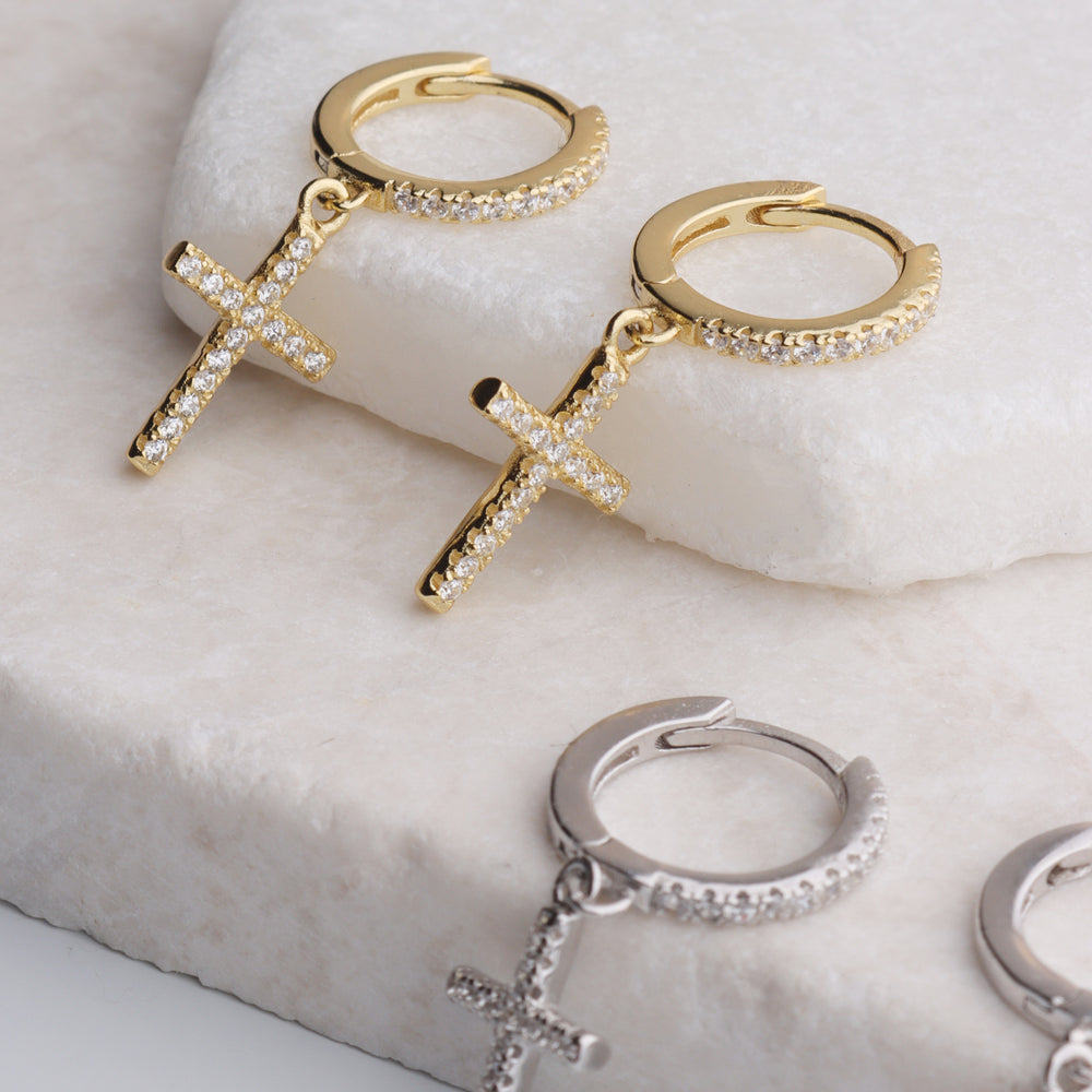 Tiny CZ Cross Mini Hoop Earrings