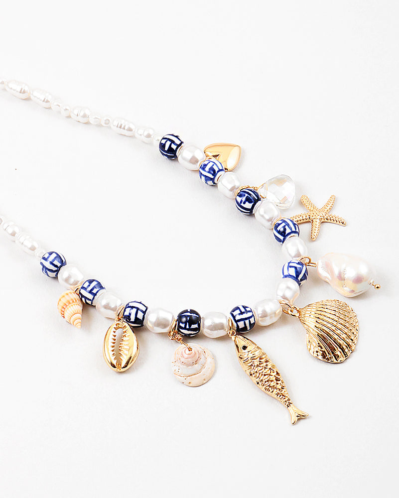 Pearl And Blue Enamel Charm Necklace