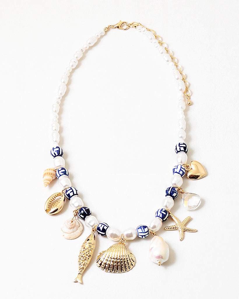 Pearl And Blue Enamel Charm Necklace