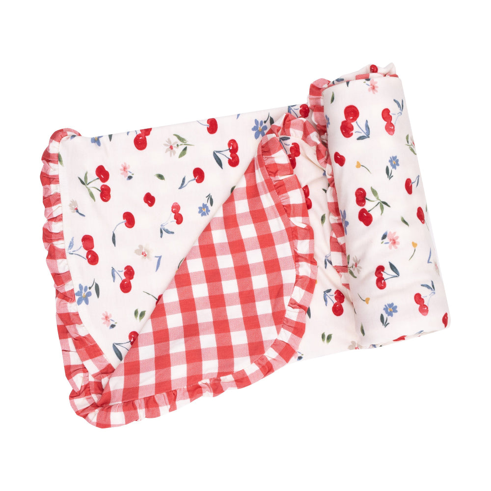 Watercolor Cherries + Gingham Ruffle Receiving Blanket by Angel Dear