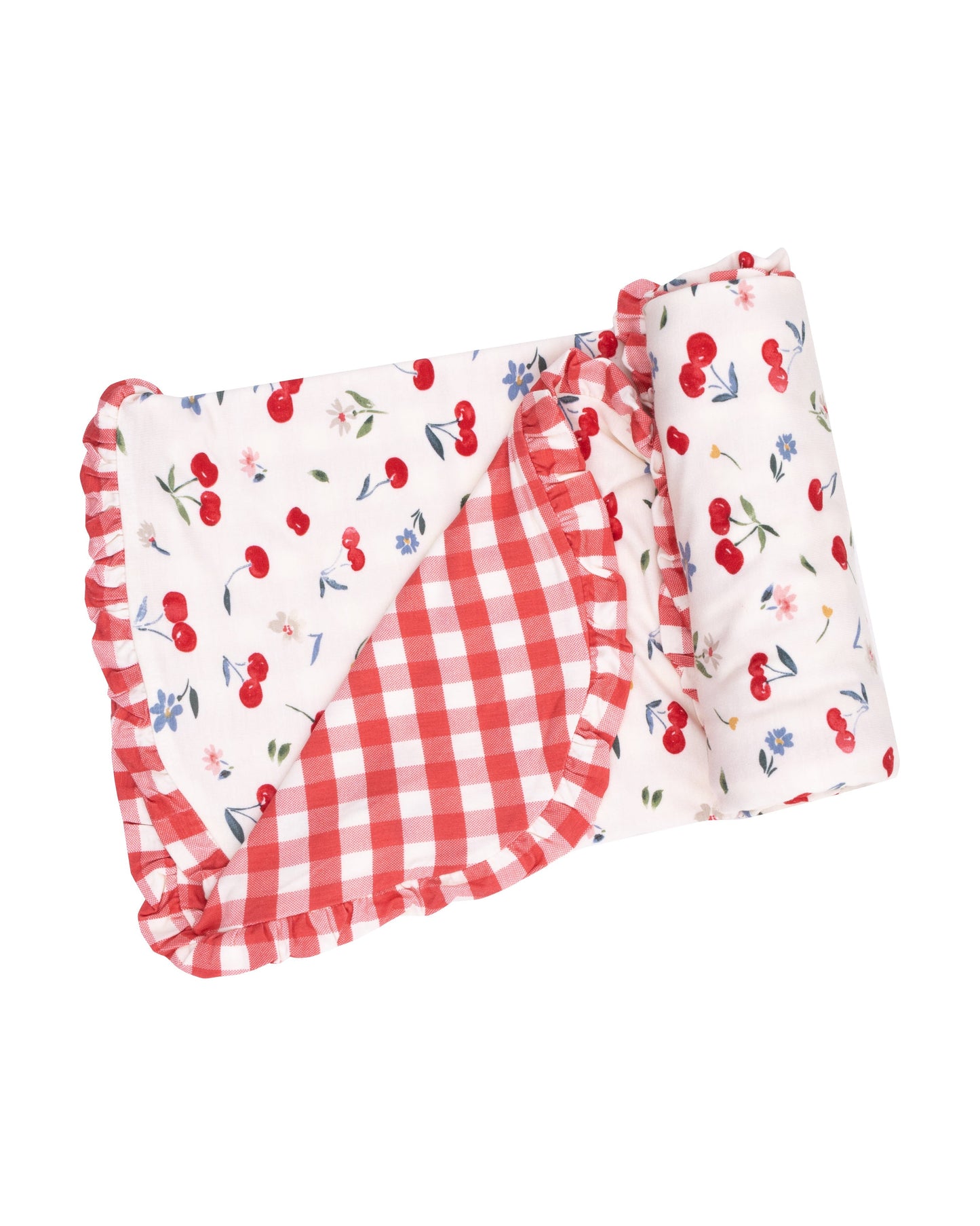 Watercolor Cherries + Gingham Ruffle Receiving Blanket by Angel Dear