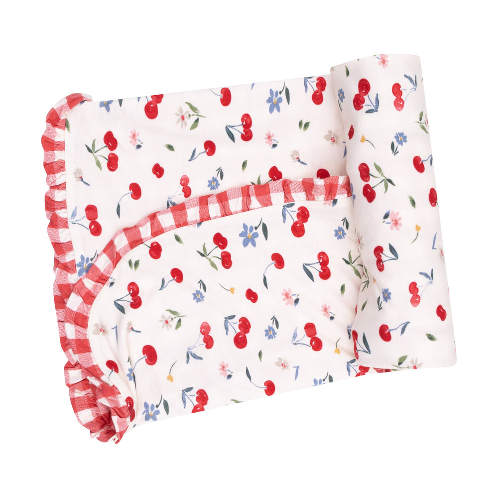 Watercolor Cherries + Gingham Ruffle Receiving Blanket by Angel Dear