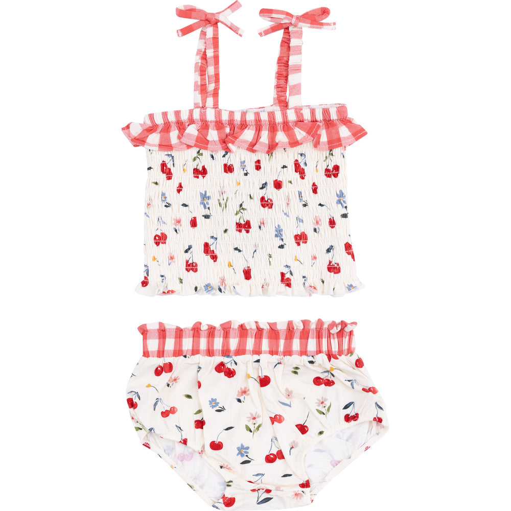 Watercolor Cherries + Gingham Smocked Ruffle Top and Bloomer by Angel Dear