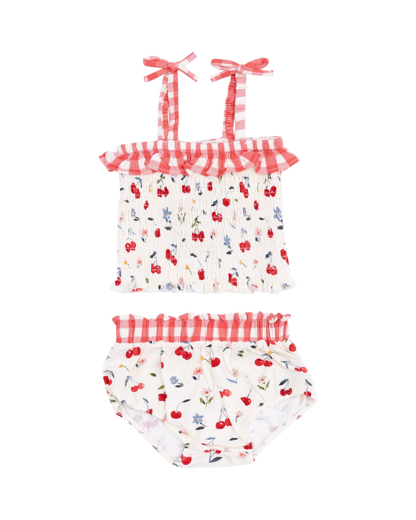 Watercolor Cherries + Gingham Smocked Ruffle Top and Bloomer by Angel Dear