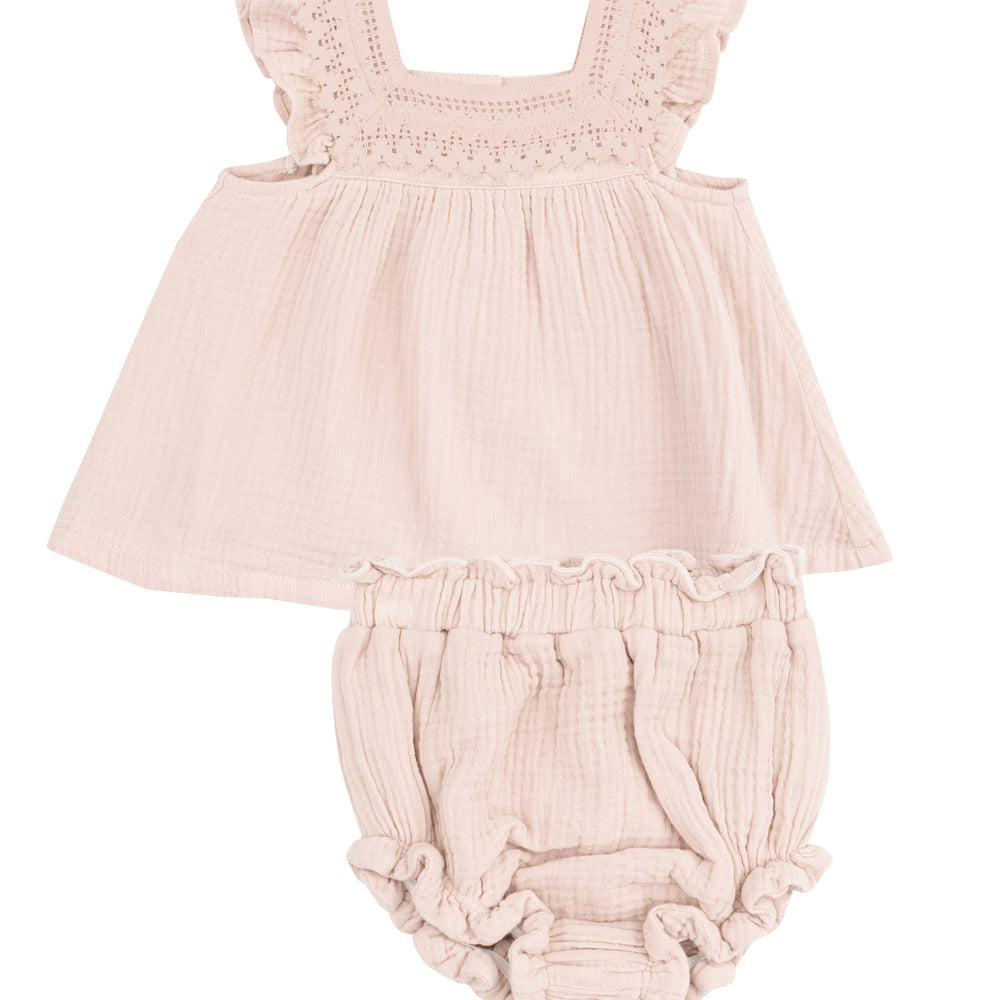 Solid Muslin Rose Smoke Pinafore & High Waisted Diaper Cover by Angel Dear